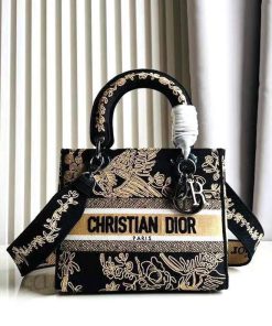 Design Handbags | Dior Womens Medium Lady D-Lite Bag Black Multicolor Cornely-Effect Dior Jardin D'Hiver Embroidery