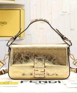 Design Fendi Metallic Leather Baguette Shoulder Bag, Gold