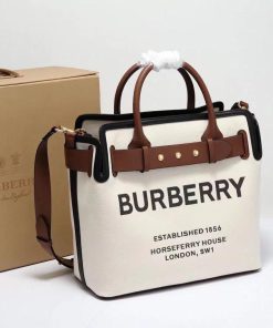 Design Burberry Women Horseferry Soft Cotton Canvas Belt Tote Bag